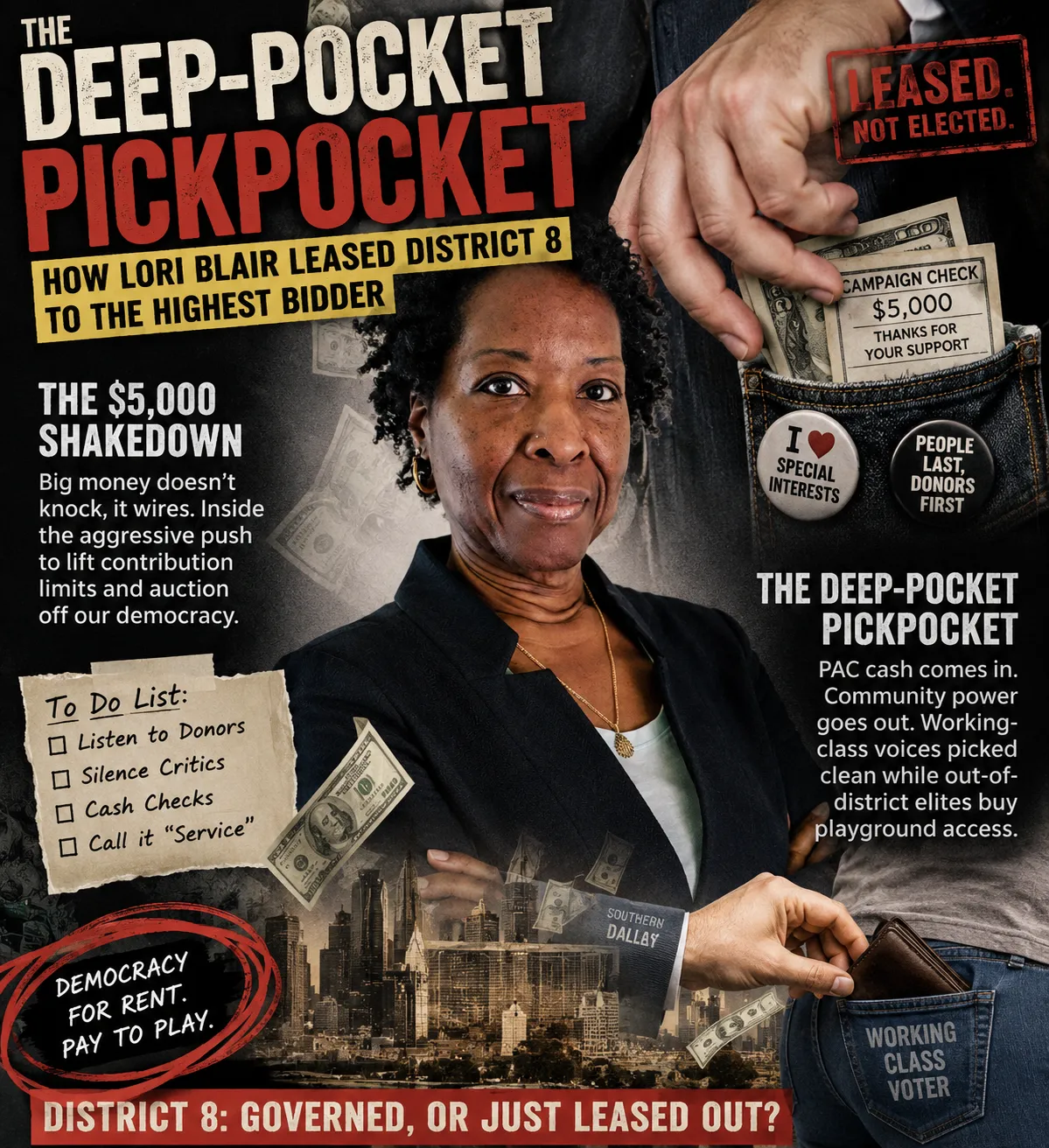 Editorial graphic — “The Deep-Pocket Pickpocket: How Lori Blair Leased District 8 to the Highest Bidder.” A $5,000 campaign check slipped into a back pocket, with slogans “Leased, not elected” and “Democracy for rent. Pay to play.”
